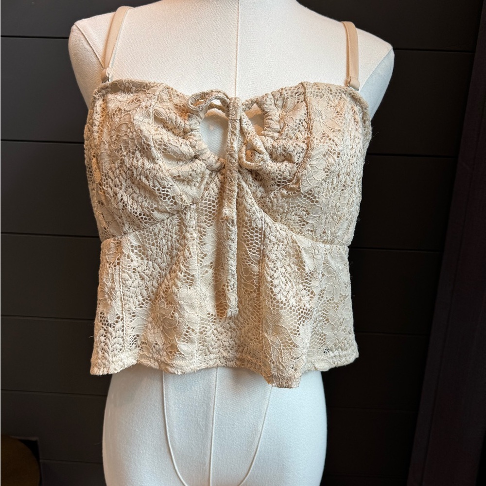 Madden NYC Lace Tie-Front Feminine Top Cottage-core Fairy Festival Boho Sz L